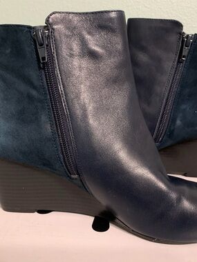 Isaac Mizrahi Navy Leather and Suede Wedge Ankle Boots
